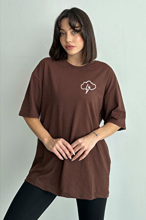 Kadın Küçük Bulut Baskılı Bisiklet Yaka Oversize T-Shirt