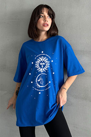 Kadın Astral Baskılı Bisiklet Yaka Oversize T-Shirt