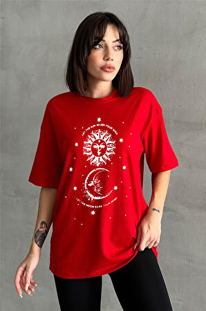 Kadın Astral Baskılı Bisiklet Yaka Oversize T-Shirt