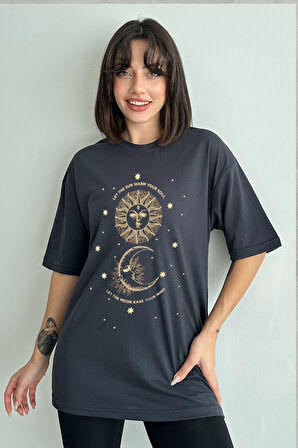 Kadın Astral Baskılı Bisiklet Yaka Oversize T-Shirt