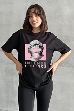 Kadın Intense Feelings Baskılı Bisiklet Yaka Oversize T-Shirt