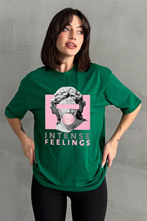 Kadın Intense Feelings Baskılı Bisiklet Yaka Oversize T-Shirt