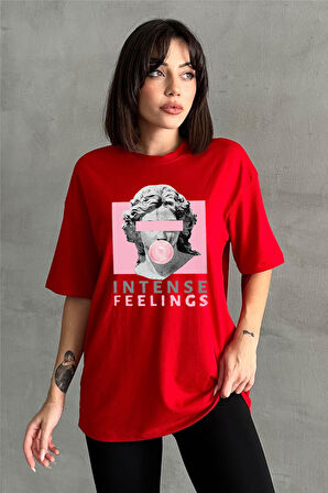 Kadın Intense Feelings Baskılı Bisiklet Yaka Oversize T-Shirt