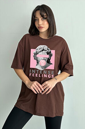Kadın Intense Feelings Baskılı Bisiklet Yaka Oversize T-Shirt