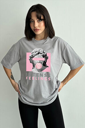 Kadın Intense Feelings Baskılı Bisiklet Yaka Oversize T-Shirt