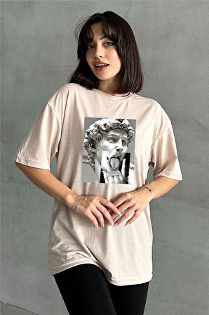 Kadın Davut Heykeli Baskılı Bisiklet Yaka Oversize T-Shirt