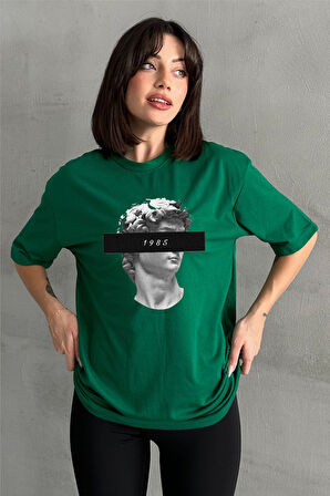 Kadın 1985 Davut Heykeli Baskılı Bisiklet Yaka Oversize T-Shirt