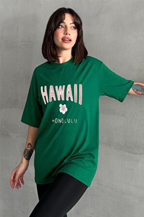 Kadın Hawaii Baskılı Bisiklet Yaka Oversize T-Shirt