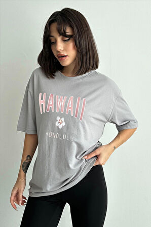 Kadın Hawaii Baskılı Bisiklet Yaka Oversize T-Shirt