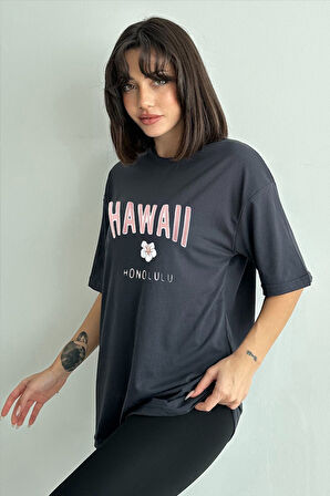 Kadın Hawaii Baskılı Bisiklet Yaka Oversize T-Shirt