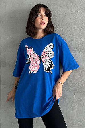 Kadın Çiçekli Kelebek Baskılı Bisiklet Yaka Oversize T-Shirt