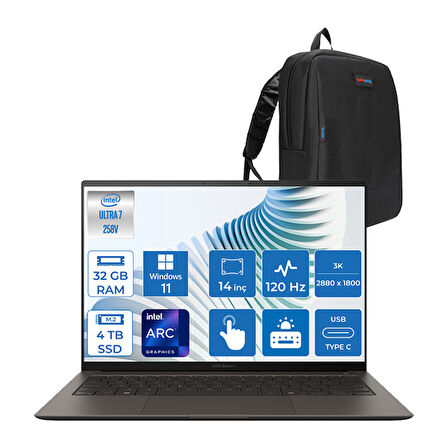 Asus Zenbook S 14 Intel Core Ultra 7 258V 32GB LPDDR5X 4tb SSD Intel Arc Graphics 14" 3k OLED (2880 x 1800) 120hz 500NIT Windows 11 Pro Dokunmatik Taşınabilir Bilgisayar UX5406SA04 + Zettaçanta