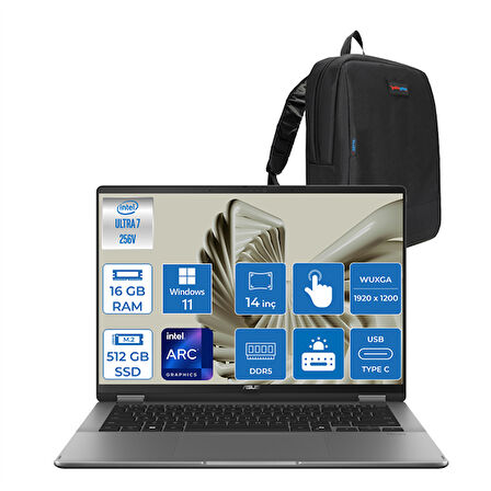 Asus Vivobook 14 Flip Intel Core Ultra 7 256V 16GB LPDDR5X 512GB SSD Intel Arc Graphics 14.0" Wuxga OLED 400NIT Windows 11 Pro Dokunmatik Taşınabilir Bilgisayar TP3407SA01 + Zettaçanta