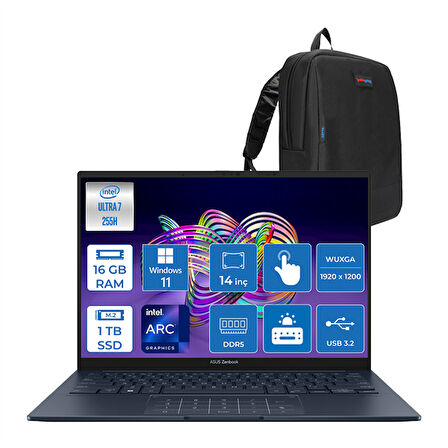 Asus Zenbook 14 Intel Core Ultra 7 255H 16GB LPDDR5X 1tb SSD Intel Arc Graphics 14.0"  Wuxga OLED 400NIT Windows 11 Pro Dokunmatik Taşınabilir Bilgisayar UX3405CAP02 + Zettaçanta