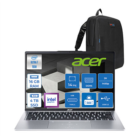 Acer Swift Go 14 Ultra I7 155U 16GB LPDDR5X 4tb SSD Intel Graphics Windows 11 Pro 14" 2.2k (2240X1400) IPS SRGB:%100 60hz Mat Yapay Zeka Destekli Taşınabilir Bilgisayar SFG147375DTP04 + Zettaçanta