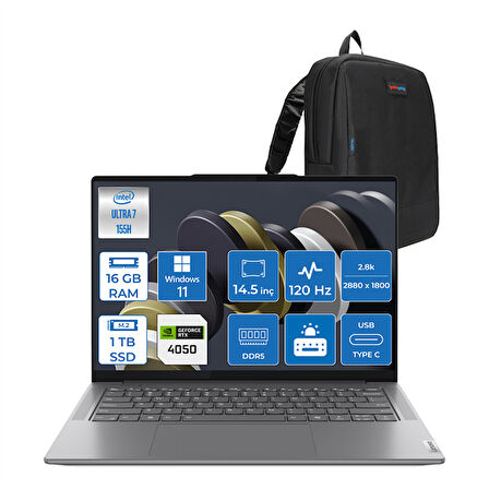 Lenovo Yoga Pro 7 Intel Core Ultra 7 155H 16GB LPDDR5X 1tb SSD 6GB/RTX4050 14,5" 2,8k Wqxga+ (2880X1800) OLED 400NIT 120Hz Windows 11 Pro Taşınabilir Bilgisayar 14IMH950P02 + Zettaçanta