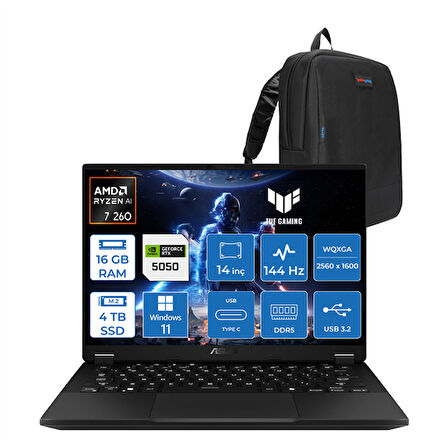 Asus Tuf Gaming A14 Ryzen 7 260 16GB LPDDR5X 4tb SSD 8GB/RTX5050/105W WIN11HOME 14" 2.5k Wqxga IPS SRGB:%100 165Hz Mux Switch Yapay Zeka Destekli Taşınabilir Bilgisayar FA401UHH04 +Zettaçanta