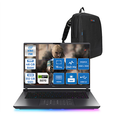 Asus Rog Strix G16 Intel Core Ultra 9 275HX  48GB Ddr5 512GB SSD 8GB/RTX5070/115W 16" 2.5k 240Hz 3ms IPS Windows 11 Pro Taşınabilir Bilgisayar S5116H17 + Zettaçanta