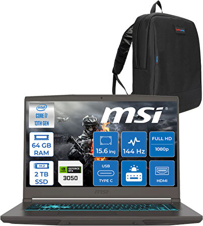 Msı Thın 15 I7-13620H 64GB Ddr4 2tb SSD 4GB/RTX3050/45W 15.6" IPS Fhd 144Hz Windows 11 Home Taşınabilir Oyuncu Bilgisayarı 3057XTRH23 + ZettaÇanta