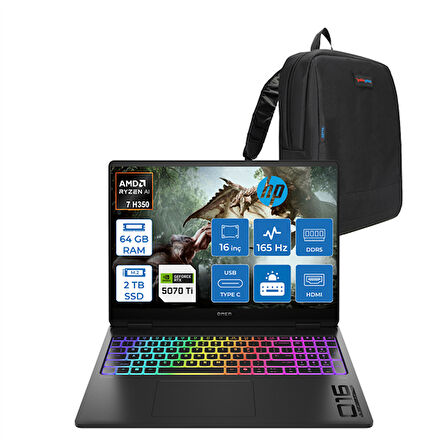 Hp Omen Max Amd Ryzen Aı 7 H 350 64GB Ddr5 2tb SSD 12GB/RTX5070TI 16" Wuxga 165Hz 400NIT SRGB Freedos Taşınabilir Bilgisayar 16AK0008NTF23 + Zettaçanta