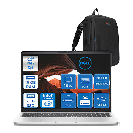 Dell Pro 16 Plus Ultra Core 5 120U 16GB Ddr5 2tb SSD Intel Graphics 16" Fhd+ 300NIT Ubuntu Taşınabilir Bilgisayar U5120U165UF03 + Zettaçanta