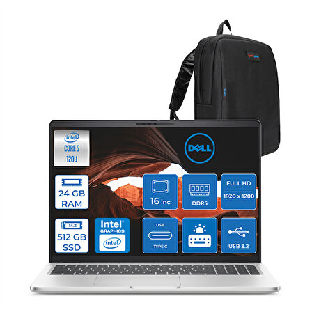 Dell Pro 16 Plus Ultra Core 5 120U 24GB Ddr5 512GB SSD Intel Graphics 16" Fhd+ 300NIT Windows 11 Pro Taşınabilir Bilgisayar U5120U165UH05 + Zettaçanta