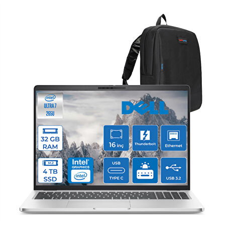 Dell Pro 16 Plus Ultra Core 7 265U 32GB Ddr5 4tb SSD Intel Graphics 16" Fhd+ 300NIT Ubuntu Taşınabilir Bilgisayar U7265U165UF12 + Zettaçanta