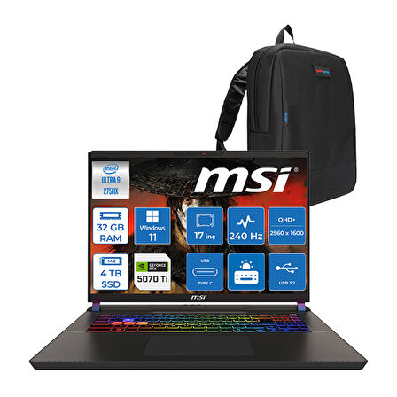 Msı Vector 17 Hx Aı Intel Core Ultra 9-275HX 32GB Ddr5 4tb SSD 12GB/RTX5070TI/140W 17” Qhd+ (2560X1600) 240Hz Windows 11 Home Taşınabilir Bilgisayar A2XWHGH12 + Zettaçanta