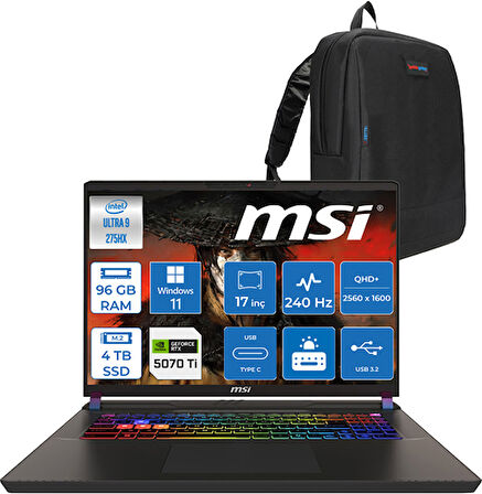 Msı Vector 17 Hx Aı Intel Core Ultra 9-275HX 96GB Ddr5 4tb SSD 12GB/RTX5070TI/140W 17” Qhd+ (2560X1600) 240Hz Windows 11 Home Taşınabilir Bilgisayar A2XWHGH32 + Zettaçanta