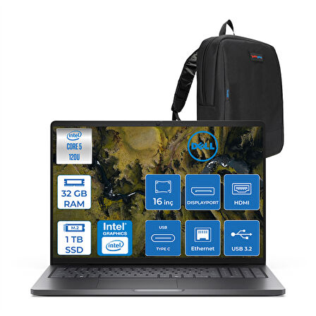 Dell Pro 16 Xcto Ultra Core 5 120U 32GB Ddr5 1tb SSD Intel Graphics 16" Fhd+ 300NIT Ubuntu Taşınabilir Bilgisayar XCTOPRO16UI5F10 + Zettaçanta