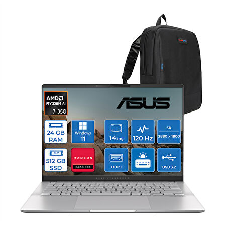 Asus Vivobook S14 Amd Ryzen Aı 7 350 24GB LPDDR5X 512GB 14" 3k OLED 120Hz 600NIT Amd Radeon Graphics Windows 11 Home Taşınabilir Bilgisayar M5406KAH01 + Zettaçanta