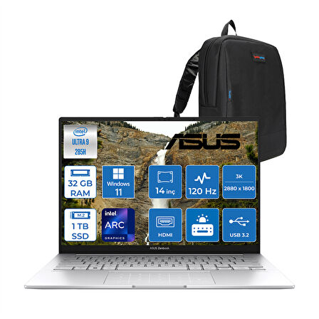 Asus Zenbook 14 Intel Core Ultra 9 285H 32GB LPDDR5X 1tb 14" 3k OLED 120Hz 600NIT Intel Arc Graphics Windows 11 Home Taşınabilir Bilgisayar UX3405CAH02 + Zettaçanta
