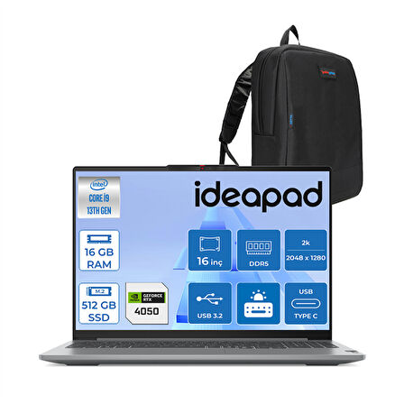 Lenovo Ideapad Pro 5 Ultra Core 7 155H 16GB LPDDR5X 512GB 6GB/RTX4050 16 Inç 2k (2048X1280) OLED 120Hz Hdr Freedos  Yapay Zeka Destekli Taşınabilir Bilgisayar ID16IMH9F01 + Zettaçanta