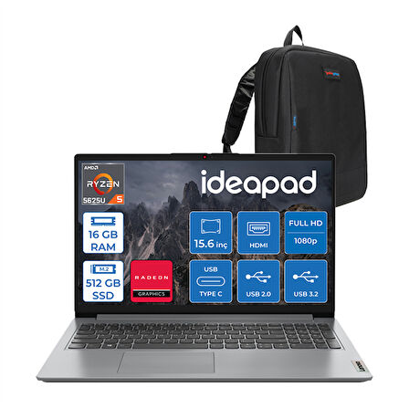 Lenovo Ideapad 1 15ALC7 Ryzen 5 5625U 16GB Ddr4 512GB SSD Amd Radeon Graphics 15.6" Fhd Tn Freedos Taşınabilir Bilgisayar 15ALC7F01 + Zettaçanta