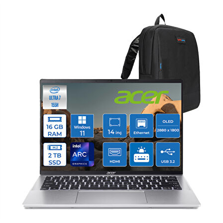 Acer Swift Go Ultra 7 155H 16GB LPDDR5X 2tb 14" 2.8k (2880 x 1800) OLED 90Hz Intel Arc Graphics Windows 11 Pro Taşınabilir Bilgisayar SFG147277SP03 + Zettaçanta