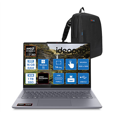 Lenovo Ideapad 5 Amd Ryzen Aı 7 350 16GB LPDDR5X 1tb Amd Radeon™ 860M 14" Wuxga IPS 300NITS Windows 11 Home Dokunmatik Bilgisayar IP83KT003CTRH02 + Zettaçanta
