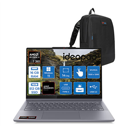 Lenovo Ideapad 5 Amd Ryzen Aı 7 350 16GB LPDDR5X 512GB Amd Radeon™ 860M 14" Wuxga IPS 300NITS Windows 11 Pro Dokunmatik Bilgisayar IP83KT003CTRP01 + Zettaçanta