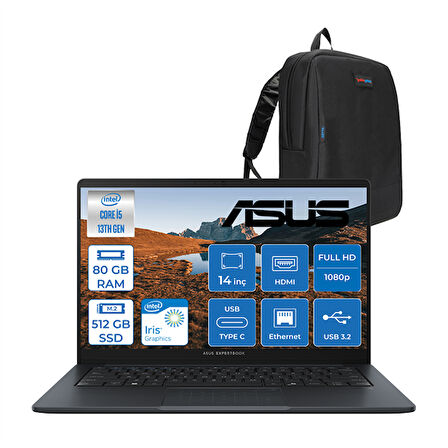 Asus Expertbook B1 B1403CVA Intel Core I5-1334U 80GB Ddr5 512GB SSD Intel Iris x Graphics 14" Fhd LED 300NITS Freedos Taşınabilir Bilgisayar B1403CVAF21 + Zettaçanta