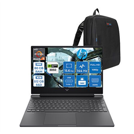 Hp Victus Amd Ryzen 5 8645HS 80GB Ddr5 512GB SSD 6GB/RTX3050/75W 15.6inç Fhd 144Hz IPS WIN11PRO Gaming Bilgisayar 15FB3705P21 + Zettaçanta