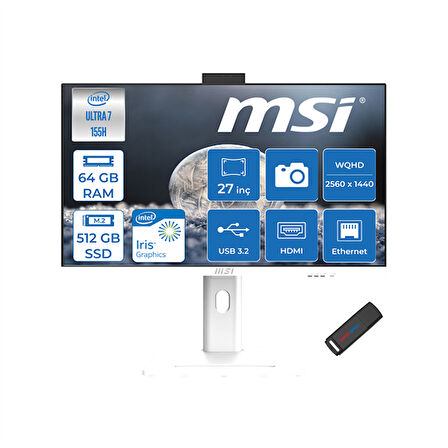 Msı Modern Aı Ultra 7 155H 64GB Ddr5 512GB SSD Inte Arc Graphics 27" Wqhd 100Hz Win11Pro Yapay Zeka Destekli All In One Bilgisayar AM273QPP07 + Zettausbbellek