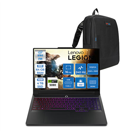 Lenovo Legion Pro 7 Intel Core Ultra 9 275HX 64GB Ddr5 4tb SSD 16GB/RTX5080/175W WIN11PRO 16" Wqxga OLED 500NITS 240Hz Taşınabilir Bilgisayar LG16IAX10HP24 + Zettaçanta