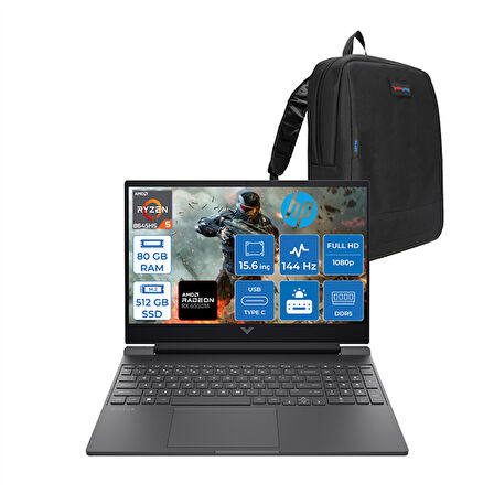 Hp Victus Amd Ryzen 5 8645HS 80GB Ddr5 512GB SSD Amd Radeon™ RX6550M/4GB Windows 11 Home 15.6" Fhd 144Hz Taşınabilir Bilgisayar HP82WJEAH25 + Zettaçanta