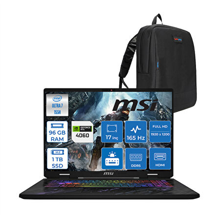 Msı Pulse 17 Aı Intel Core Ultra 7 155H 96GB Ddr5 1tb SSD 8GB/RTX4060/140W 17" IPS Wuxga 165Hz WIN11PRO Taşınabilir Bilgisayar C1083XTRP28 + Zettaçanta