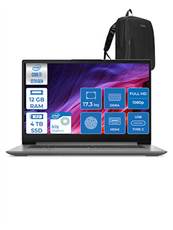 Lenovo Ideapad 3 17IAU7 82RL00DTTX I7 1255U 12GB 4tb SSD  Intel® Iris® Xe Graphics Freedos 17.3" Fhd IPS Taşınabilir Bilgisayar 82RL00DTTXF04 + Zettaçanta
