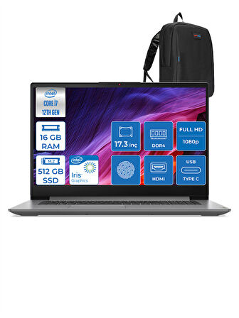Lenovo Ideapad 3 17IAU7 82RL00DTTX I7 1255U 16GB 512GB SSD  Intel® Iris® Xe Graphics Freedos 17.3" Fhd IPS Taşınabilir Bilgisayar 82RL00DTTXF05 + Zettaçanta