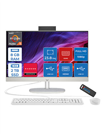 Hp 24-CR0034NT Amd Ryzen 5 7520U 8gb 2tb SSD Freedos Amd Radeon™ Grafik Kartı 23.8 Inç IPS Fullhd All In One Bilgisayar 80B96EAF23+ Zetta Flash Bellek
