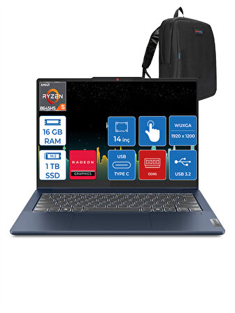Lenovo Ideapad 5 Amd Ryzen 5 8645HS 16GB Ddr5 1tb SSD Freedos 14" Wuxga 300NITS IPS Dokunmatik Bilgisayar ID83DR0030TRF03 + Zettaçanta