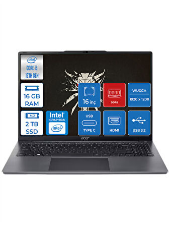 Acer Aspire Lite 16 Intel Core I5-1235U 16GB Ddr5 Ram 2tb SSD 16'' IPS Wuxga Fhd Windows 11 Pro Taşınabilir Bilgisayar AL1651PWP05 + Zettaçanta