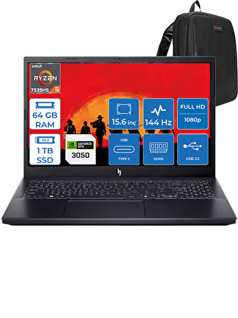Acer Nitro V15 ANV15 Ryzen 5 7535HS 64GB Ddr5 1tb SSD 6GB/RTX3050/75W 15.6" Fhd 144Hz Windows 11 Pro Dizüstü Bilgisayar 41R5QLP17 + Zettaçanta