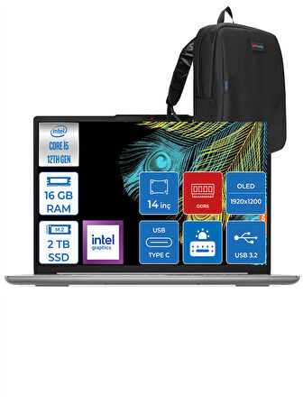 Ideapad 5 Slim Intel Core İ5-12450H 16GB Lpddr5 2tb SSD Freedos 14" 400NITS Wuxga OLED ID83BF0065TXF02 + Zettaçanta